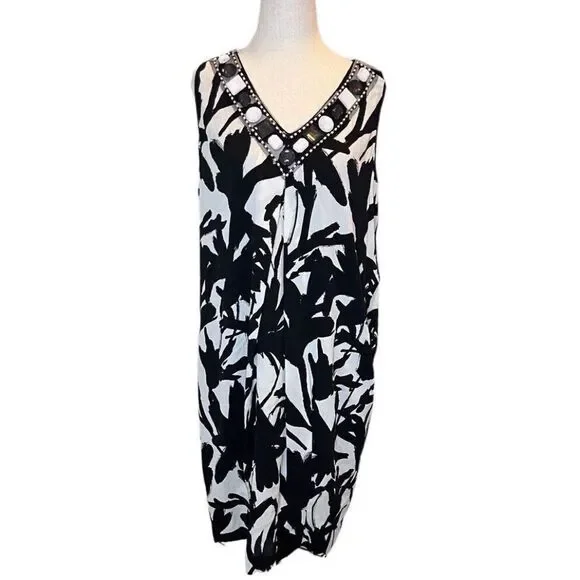 ST. JOHN Soca Collection Black White Abstract Print Sheath Dress Size SMALL Silk - Picture 1 of 8